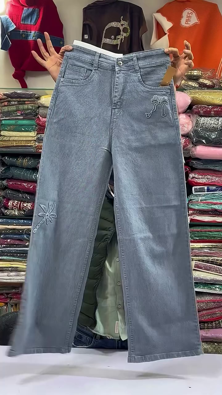 Women Wide Leg High-Rise Embroidered Jeans