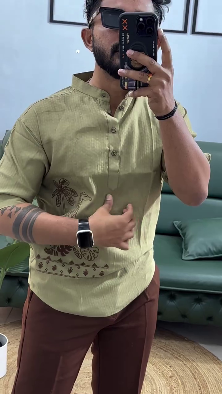 Men's Printed Cotton Blend Short Kurta | Regular Fit Casual Kurta Shirt for Men with Mandarin Collar