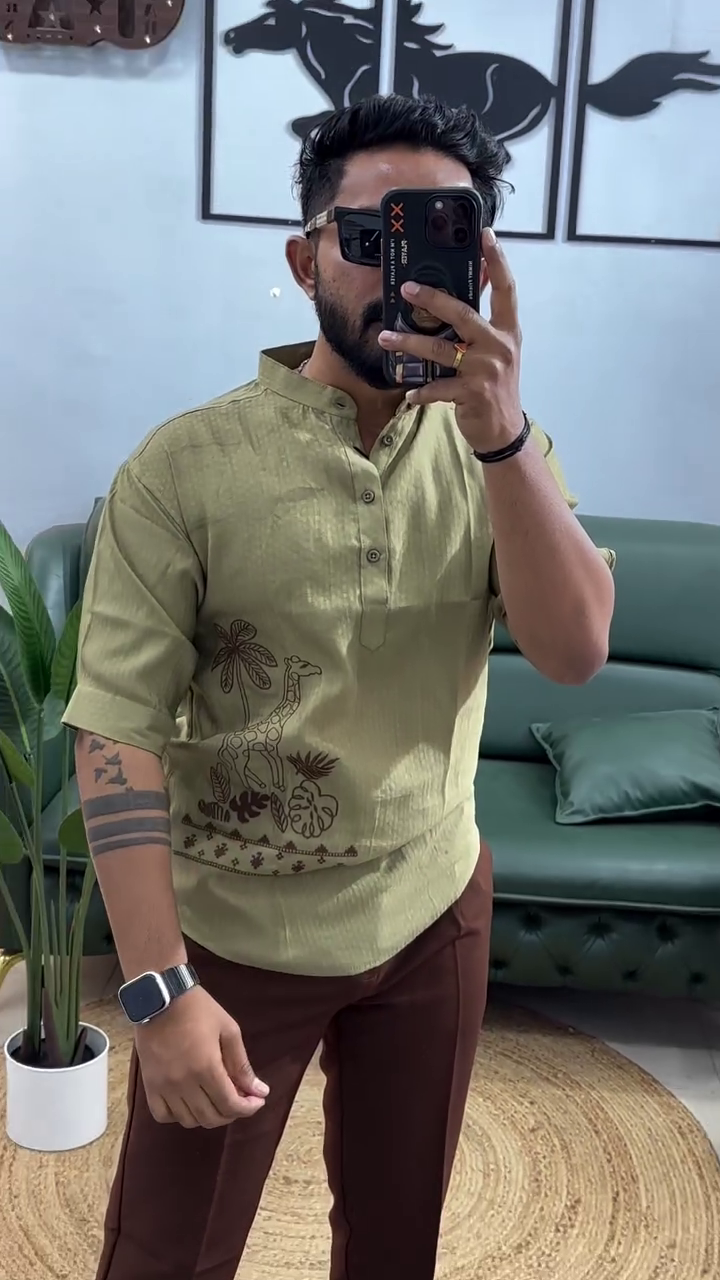 Men's Printed Cotton Blend Short Kurta | Regular Fit Casual Kurta Shirt for Men with Mandarin Collar