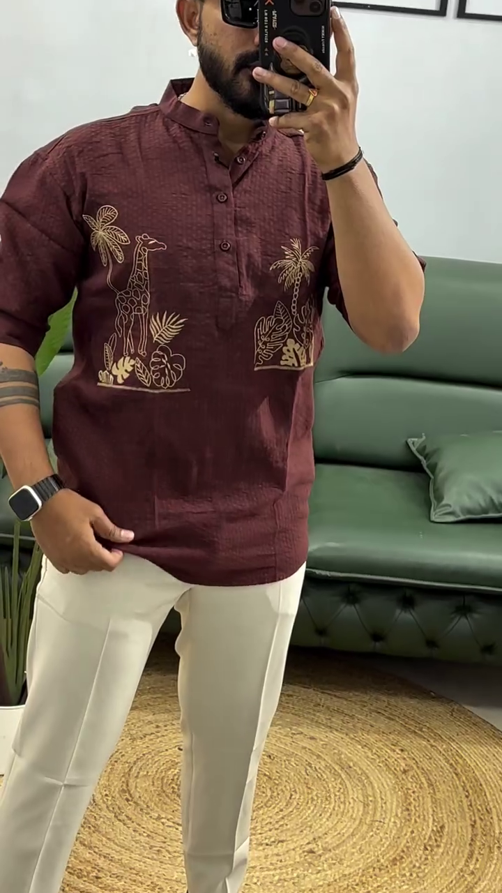 Men's Printed Cotton Blend Short Kurta | Regular Fit Casual Kurta Shirt for Men with Mandarin Collar