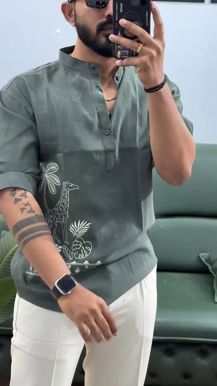 Men's Printed Cotton Blend Short Kurta | Regular Fit Casual Kurta Shirt for Men with Mandarin Collar