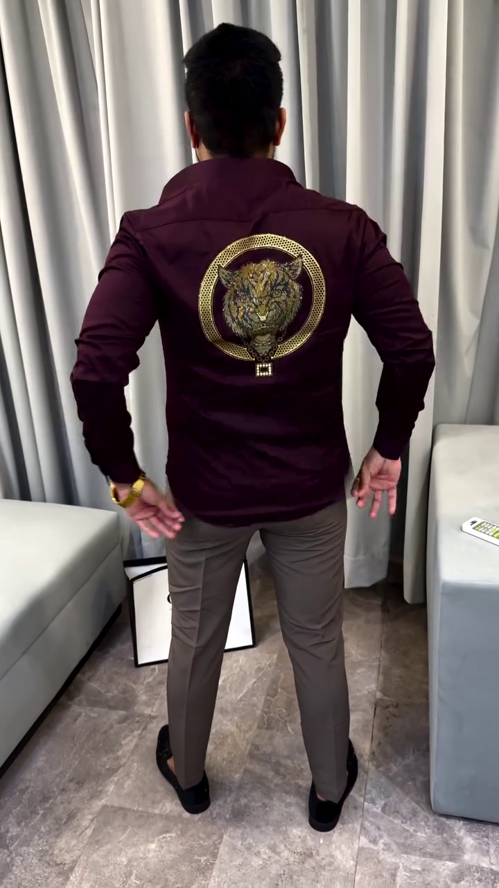 India Slim Slim Fit Spread Collar Embellished Cotton Party Shirt